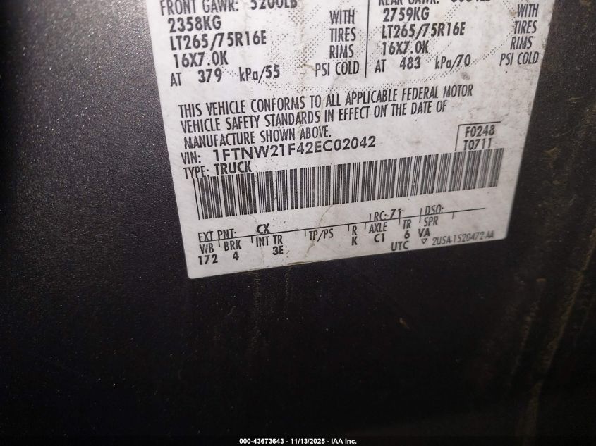 2002 Ford F-250 Lariat/Xl/Xlt VIN: 1FTNW21F42EC02042 Lot: 43673643