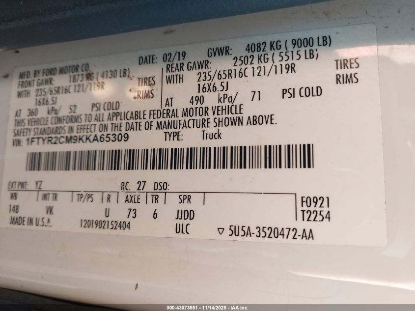 2019 Ford Transit-250 VIN: 1FTYR2CM9KKA65309 Lot: 43673651