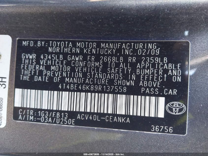 2009 Toyota Camry Le VIN: 4T4BE46K89R137558 Lot: 43673658