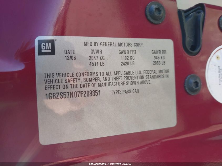2007 Saturn Aura Xe VIN: 1G8ZS57N07F208851 Lot: 43673659
