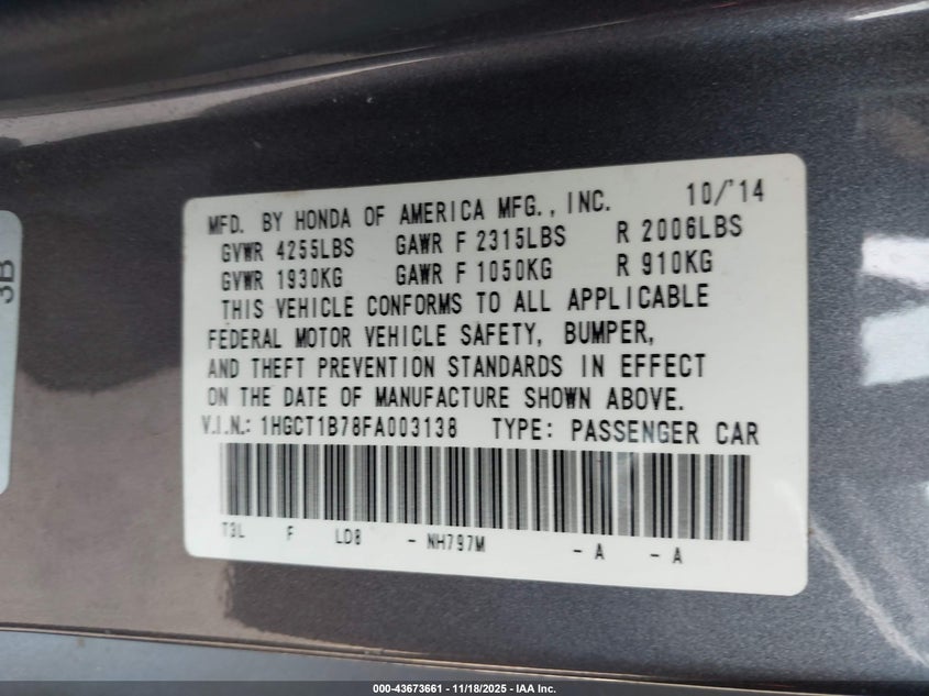 1HGCT1B78FA003138 2015 HONDA ACCORD photo no. 9