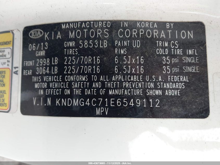 2014 Kia Sedona Lx VIN: KNDMG4C71E6549112 Lot: 43673665