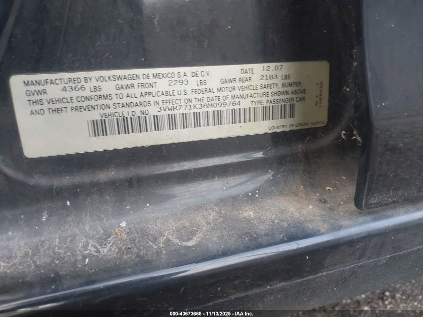 2008 Volkswagen Jetta Se/Sel VIN: 3VWRZ71K38M099764 Lot: 43673668