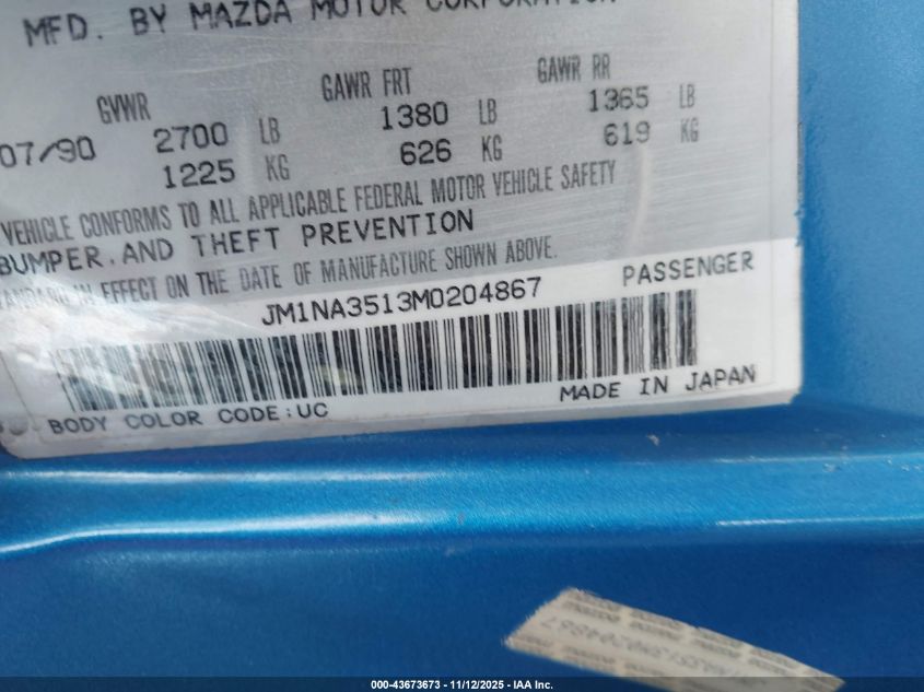 1991 Mazda Mx-5 Miata VIN: JM1NA3513M0204867 Lot: 43673673