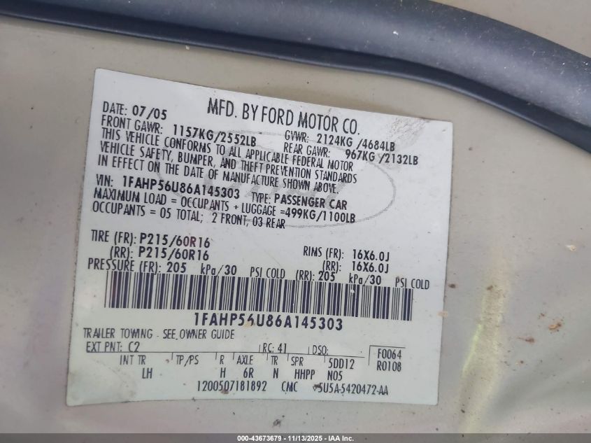 2006 Ford Taurus Sel VIN: 1FAHP56U86A145303 Lot: 43673679