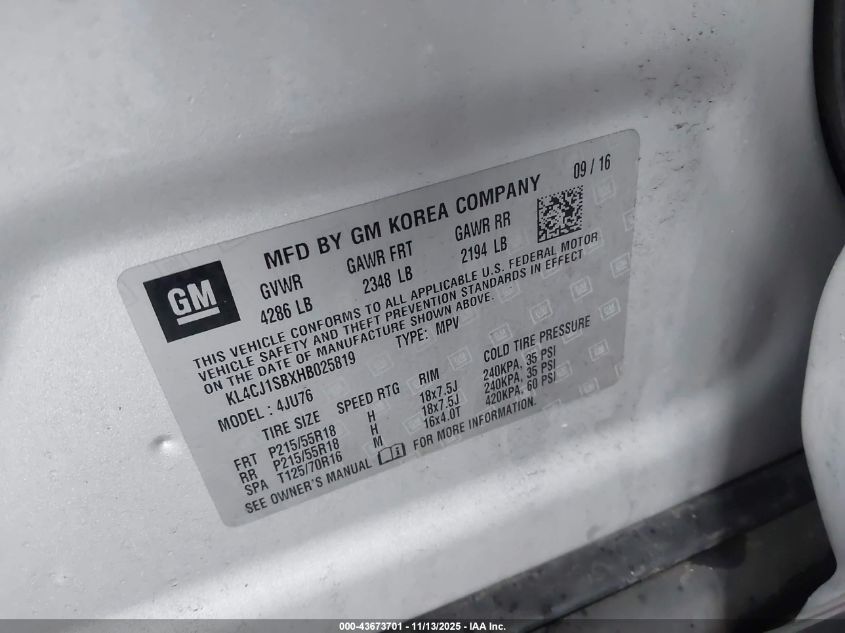 2017 Buick Encore Sport Touring VIN: KL4CJ1SBXHB025819 Lot: 43673701