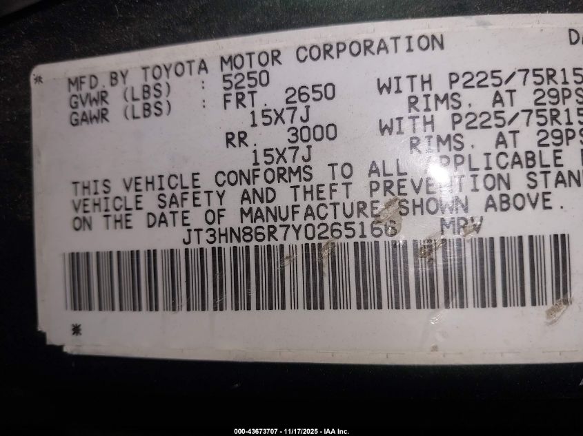2000 Toyota 4Runner Sr5 V6 VIN: JT3HN86R7Y0265166 Lot: 43673707
