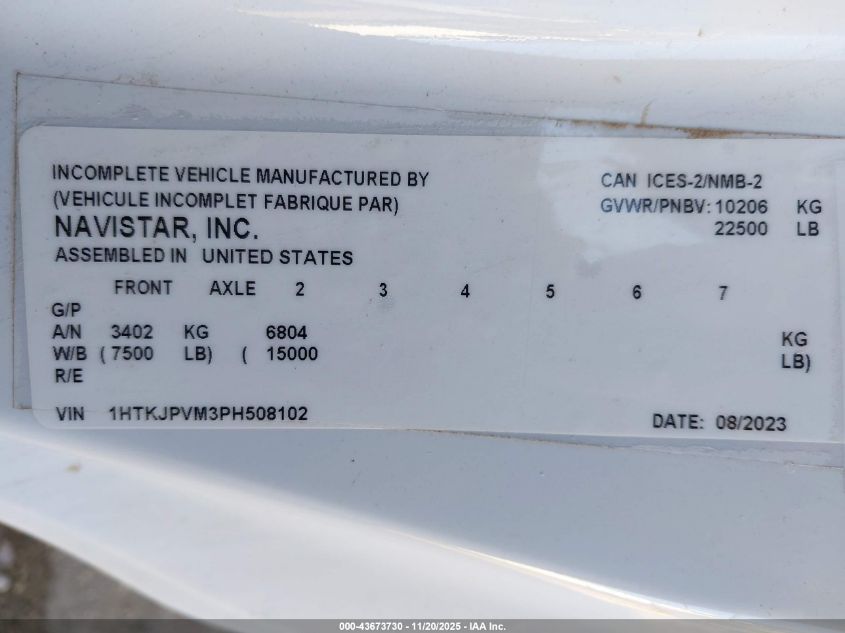 2023 Chevrolet Silverado Md Work Truck VIN: 1HTKJPVM3PH508102 Lot: 43673730