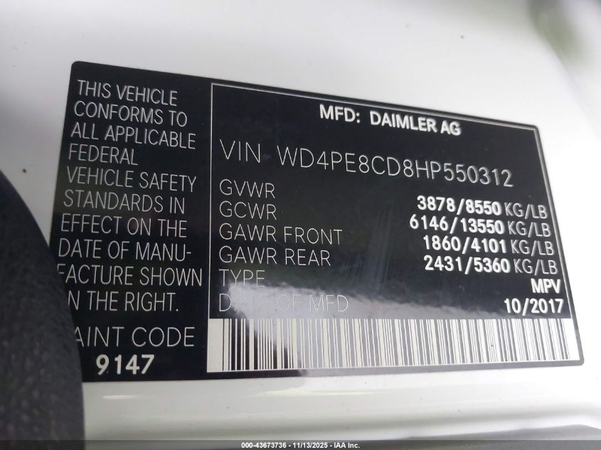 2017 Mercedes-Benz Sprinter 2500 High Roof V6 VIN: WD4PE8CD8HP550312 Lot: 43673736