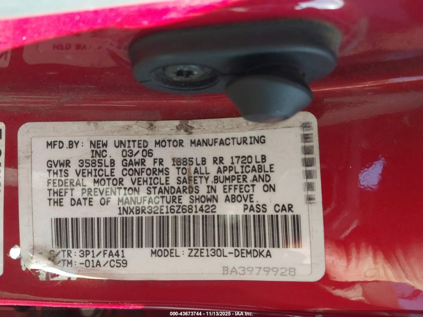 2006 Toyota Corolla Ce VIN: 1NXBR32E16Z681422 Lot: 43673744