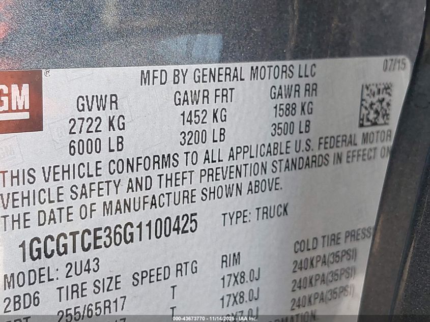 2016 Chevrolet Colorado Lt VIN: 1GCGTCE36G1100425 Lot: 43673770