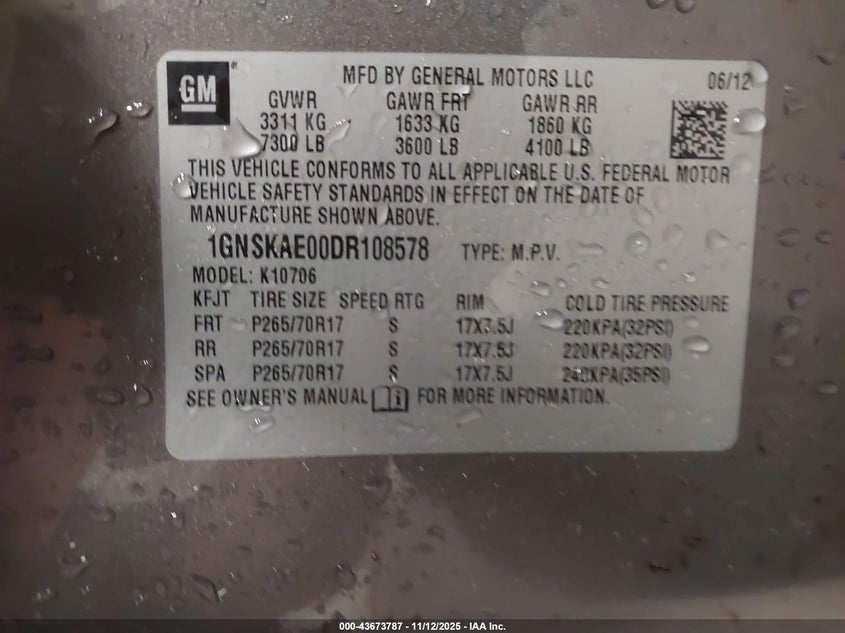 2013 Chevrolet Tahoe Ls VIN: 1GNSKAE00DR108578 Lot: 43673787