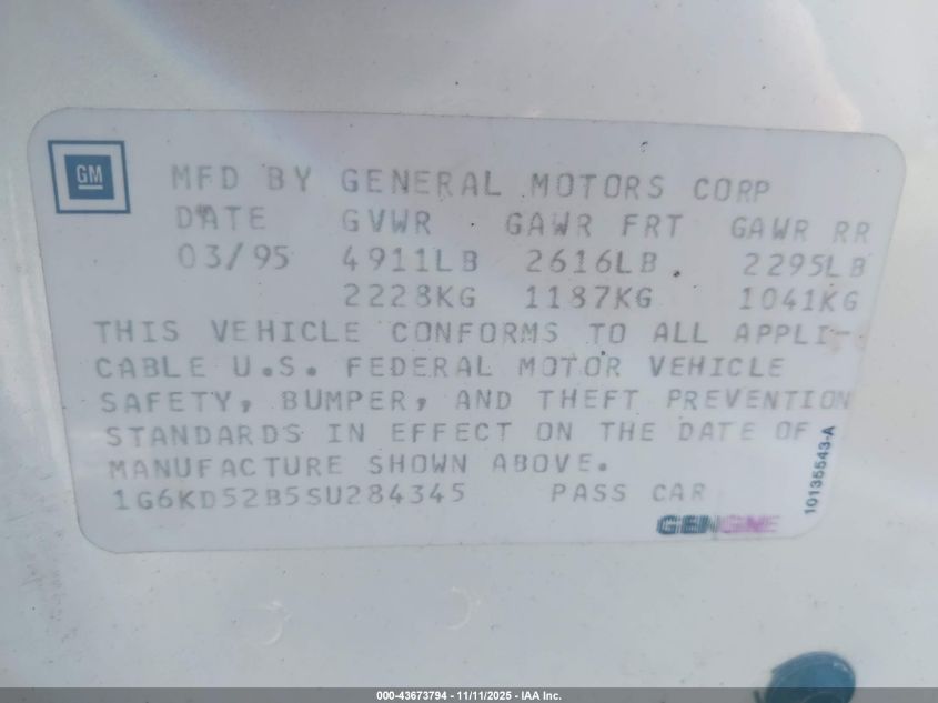 1995 Cadillac Deville VIN: 1G6KD52B5SU284345 Lot: 43673794