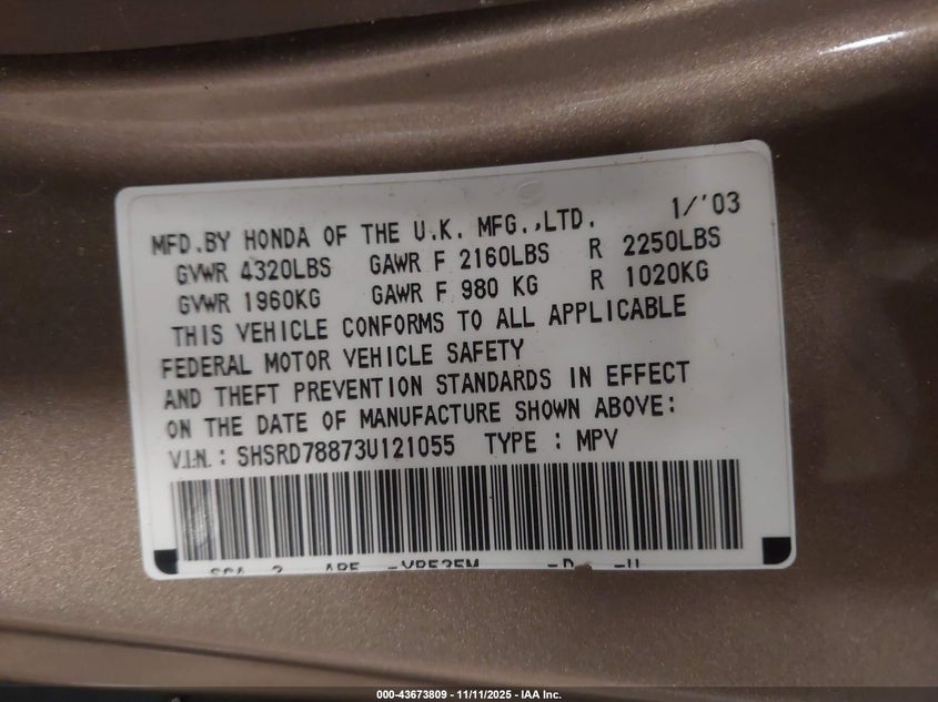 2003 Honda Cr-V Ex VIN: SHSRD78873U121055 Lot: 43673809