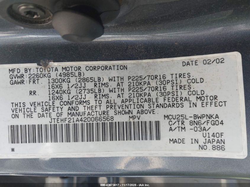 2002 Toyota Highlander V6 VIN: JTEHF21A420066568 Lot: 43673817