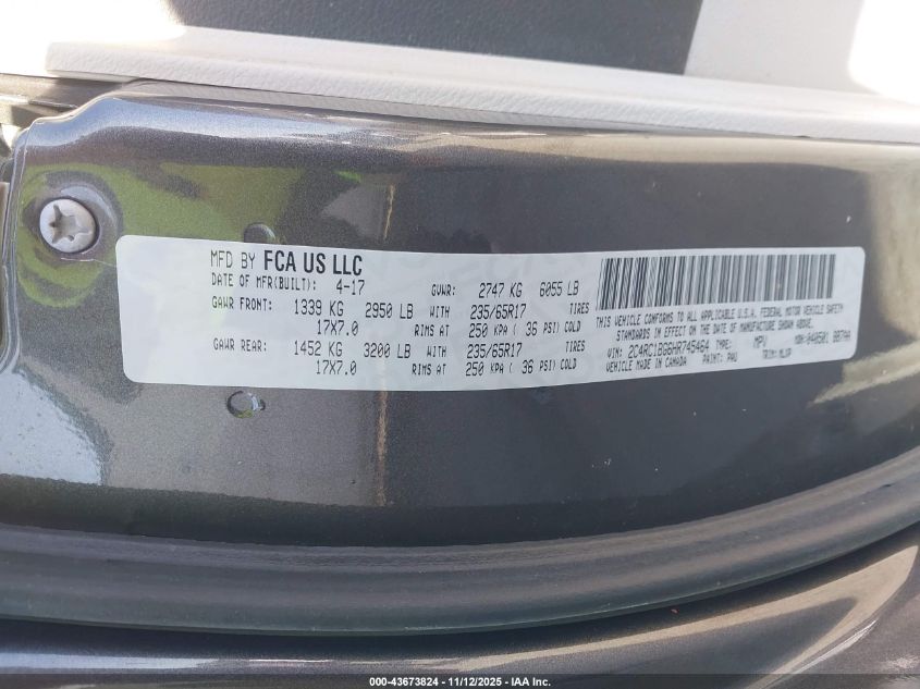 2017 Chrysler Pacifica Touring-L VIN: 2C4RC1BG6HR745464 Lot: 43673824