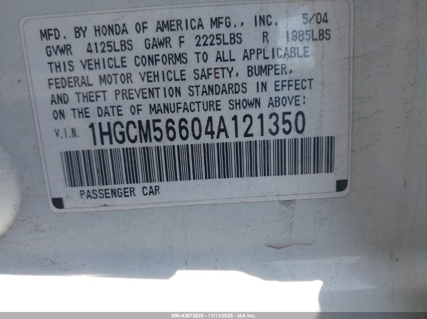 2004 Honda Accord 2.4 Ex VIN: 1HGCM56604A121350 Lot: 43673825