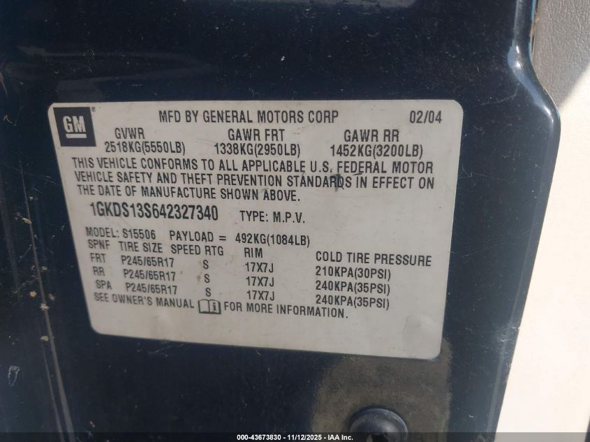 2004 GMC Envoy Sle VIN: 1GKDS13S642327340 Lot: 43673830