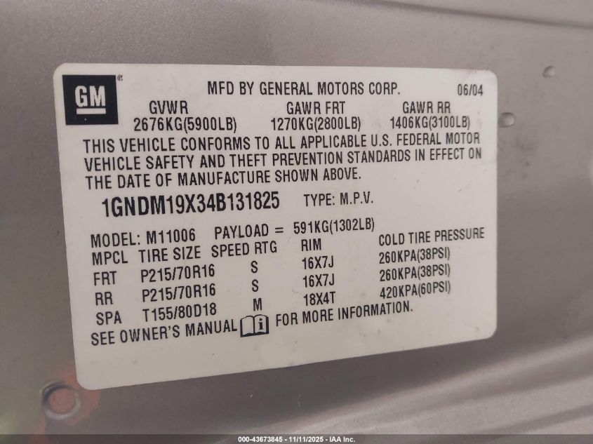2004 Chevrolet Astro VIN: 1GNDM19X34B131825 Lot: 43673845