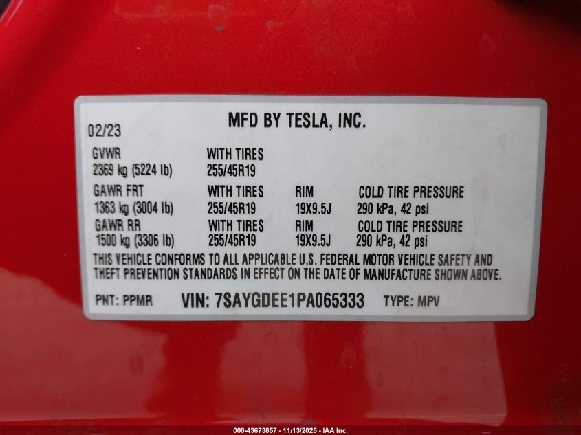 2023 Tesla Model Y Awd/Long Range Dual Motor All-Wheel Drive VIN: 7SAYGDEE1PA065333 Lot: 43673857