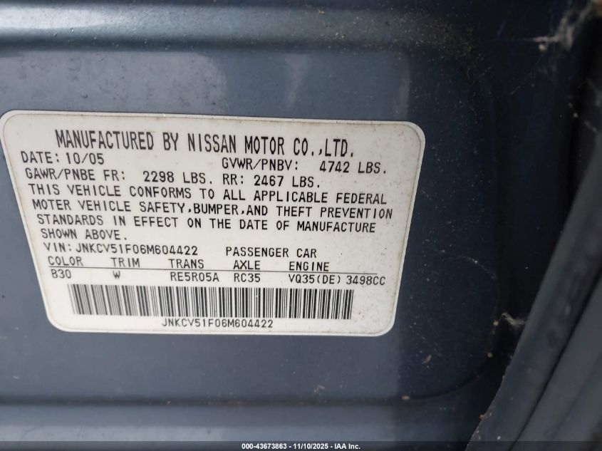 2006 Infiniti G35X VIN: JNKCV51F06M604422 Lot: 43673863