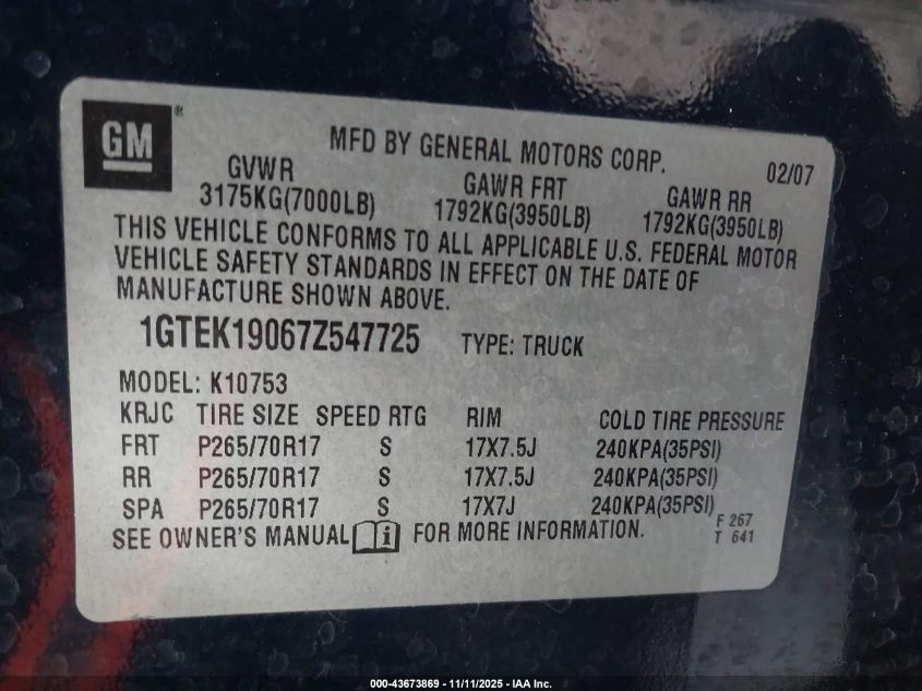 2007 GMC Sierra 1500 Sle1 VIN: 1GTEK19067Z547725 Lot: 43673869