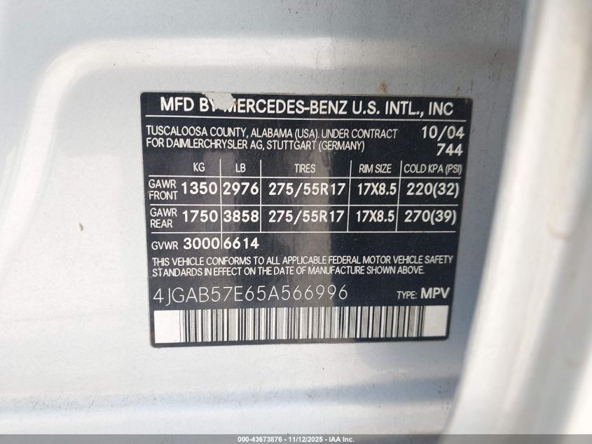 2005 Mercedes-Benz Ml 350 4Matic VIN: 4JGAB57E65A566996 Lot: 43673876