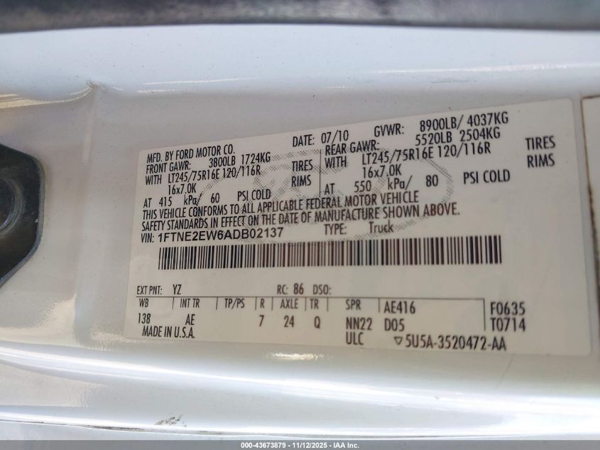 2010 Ford E-250 Commercial/Recreational VIN: 1FTNE2EW6ADB02137 Lot: 43673879