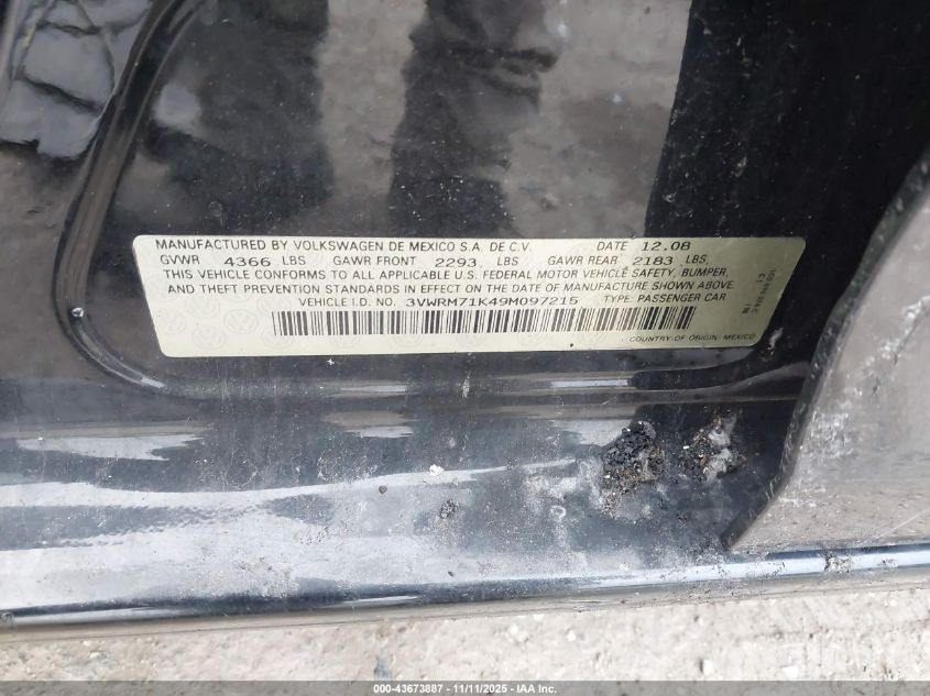 2009 Volkswagen Jetta Se VIN: 3VWRM71K49M097215 Lot: 43673887