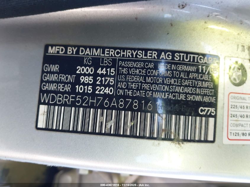 2006 Mercedes-Benz C 230 Sport VIN: WDBRF52H76A878161 Lot: 43673916