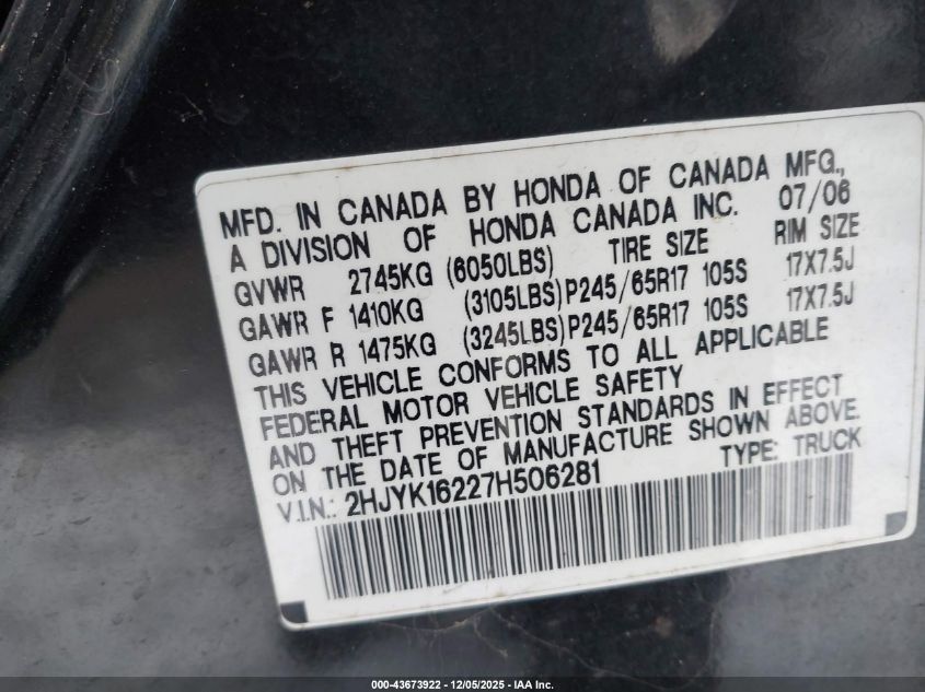 2007 Honda Ridgeline Rt VIN: 2HJYK16227H506281 Lot: 43673922