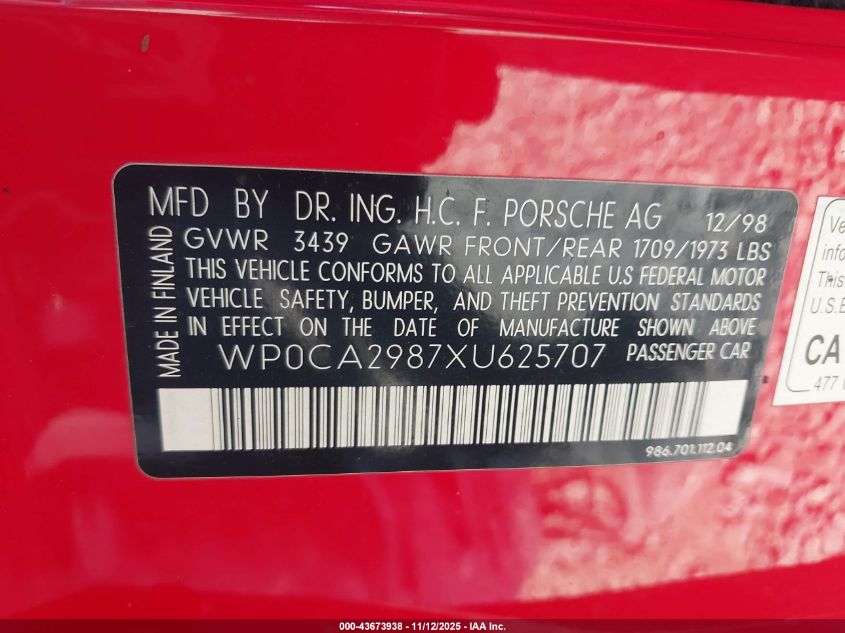 1999 Porsche Boxster VIN: WP0CA2987XU625707 Lot: 43673938