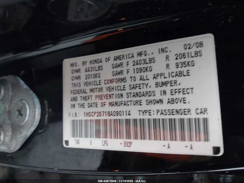 1HGCP26718A090114 2008 HONDA ACCORD photo no. 9