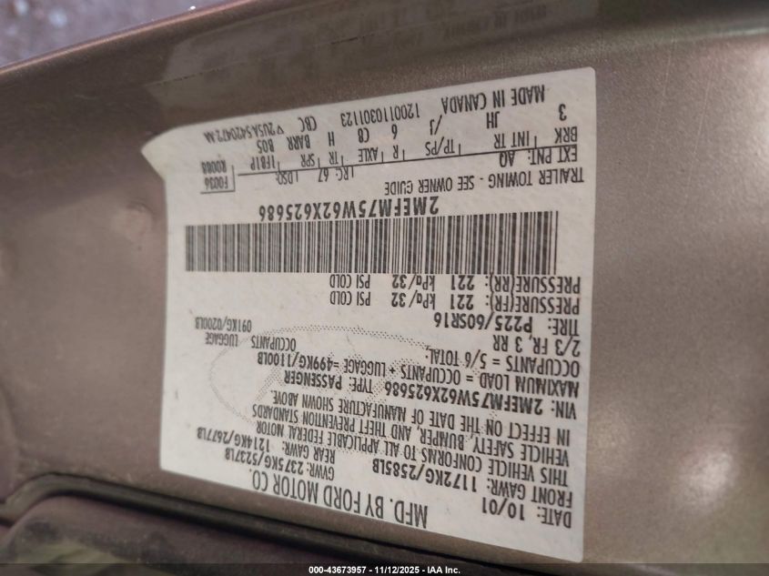 2002 Mercury Grand Marquis Ls VIN: 2MEFM75W62X625686 Lot: 43673957