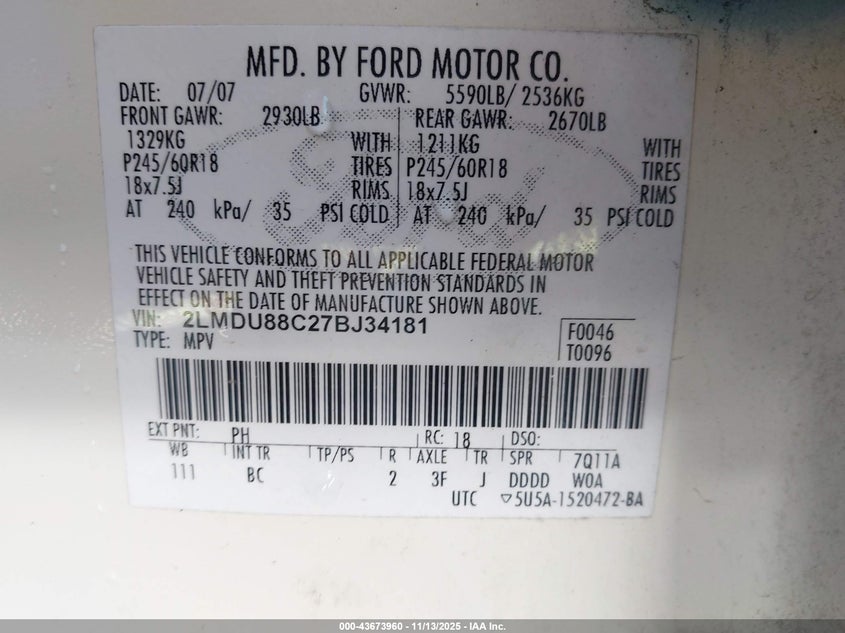 2007 Lincoln Mkx VIN: 2LMDU88C27BJ34181 Lot: 43673960