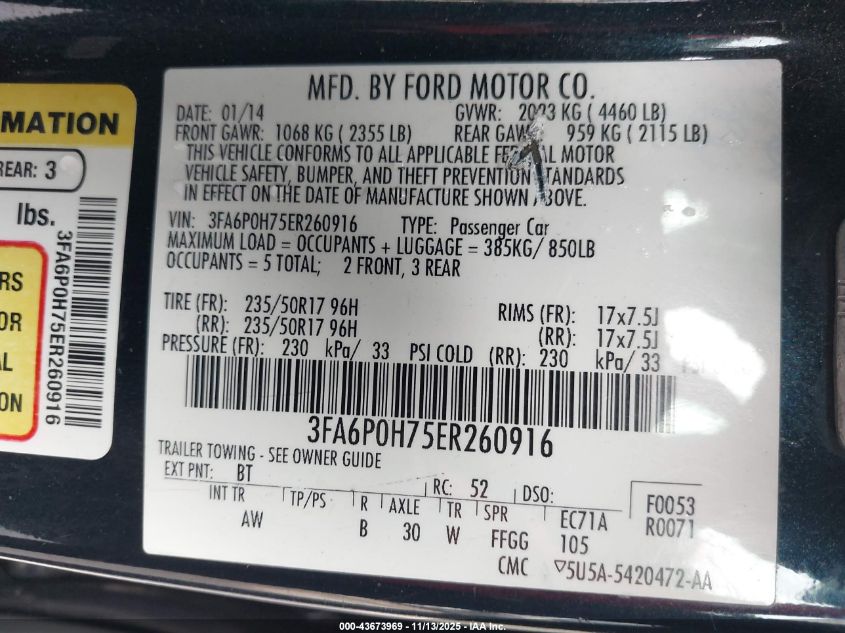 2014 Ford Fusion Se VIN: 3FA6P0H75ER260916 Lot: 43673969