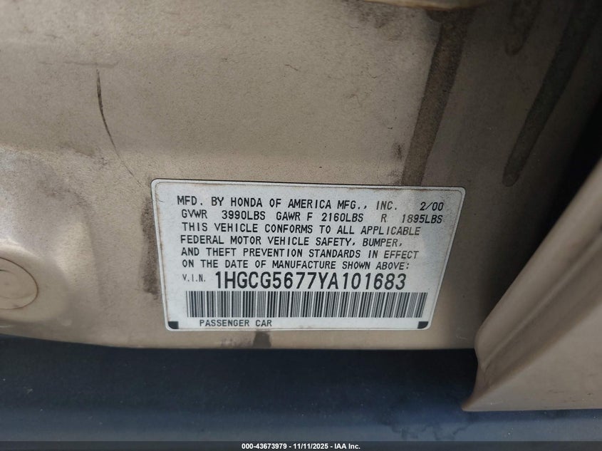 2000 Honda Accord 2.3 Se VIN: 1HGCG5677YA101683 Lot: 43673979