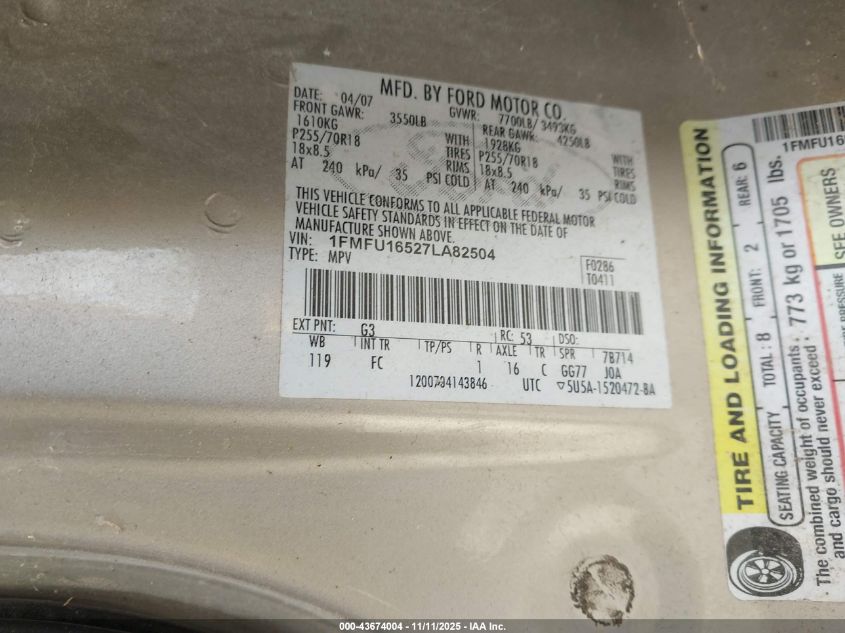 2007 Ford Expedition Xlt VIN: 1FMFU16527LA82504 Lot: 43674004