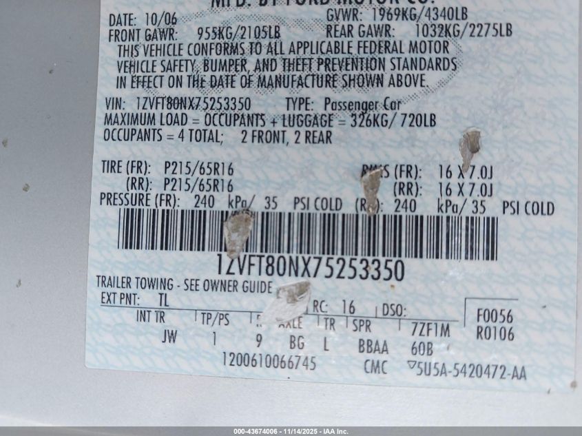 2007 Ford Mustang VIN: 1ZVFT80NX75253350 Lot: 43674006