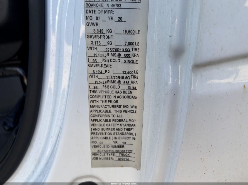 2019 Ram 5500 Chassis Tradesman/Slt VIN: 3C7WRMBL6KG617127 Lot: 43674029