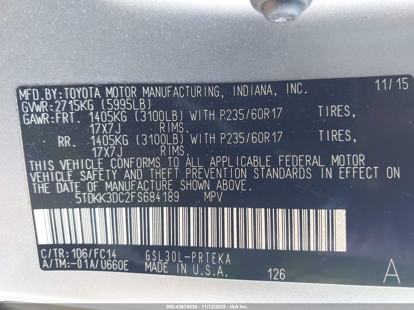 5TDKK3DC2FS684189 2015 TOYOTA SIENNA photo no. 9