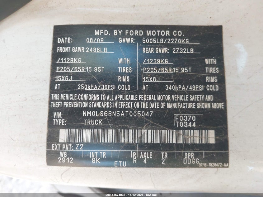 2010 Ford Transit Connect Xlt VIN: NM0LS6BN5AT005047 Lot: 43674037