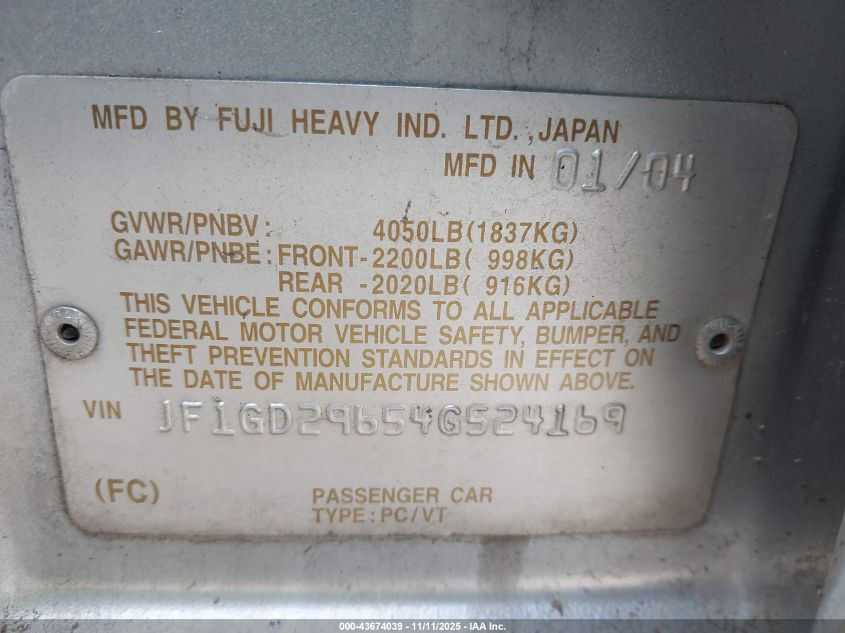 2004 Subaru Impreza Wrx VIN: JF1GD29654G524169 Lot: 43674039