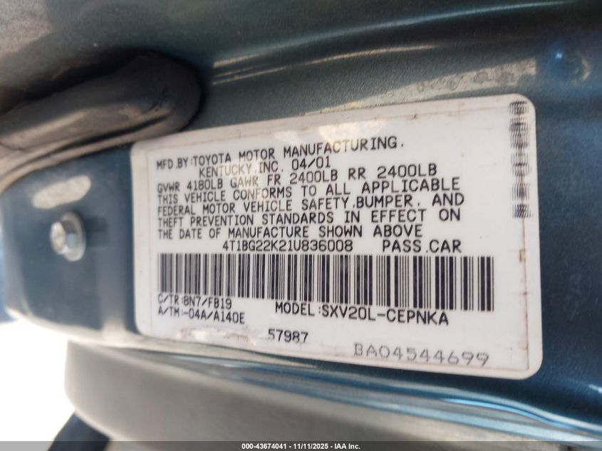 2001 Toyota Camry Le VIN: 4T1BG22K21U836008 Lot: 43674041