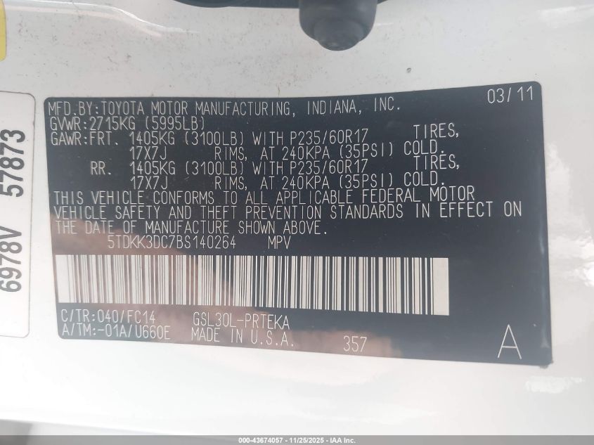 2011 Toyota Sienna Le V6/Le V6 Auto Access Seat VIN: 5TDKK3DC7BS14026 Lot: 43674057