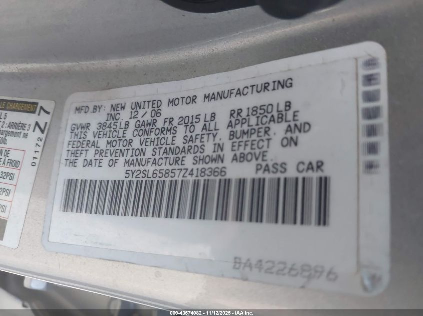 2007 Pontiac Vibe VIN: 5Y2SL65857Z418366 Lot: 43674082