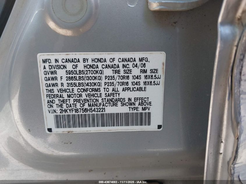 2006 Honda Pilot Ex-L VIN: 2HKYF18756H543221 Lot: 43674083