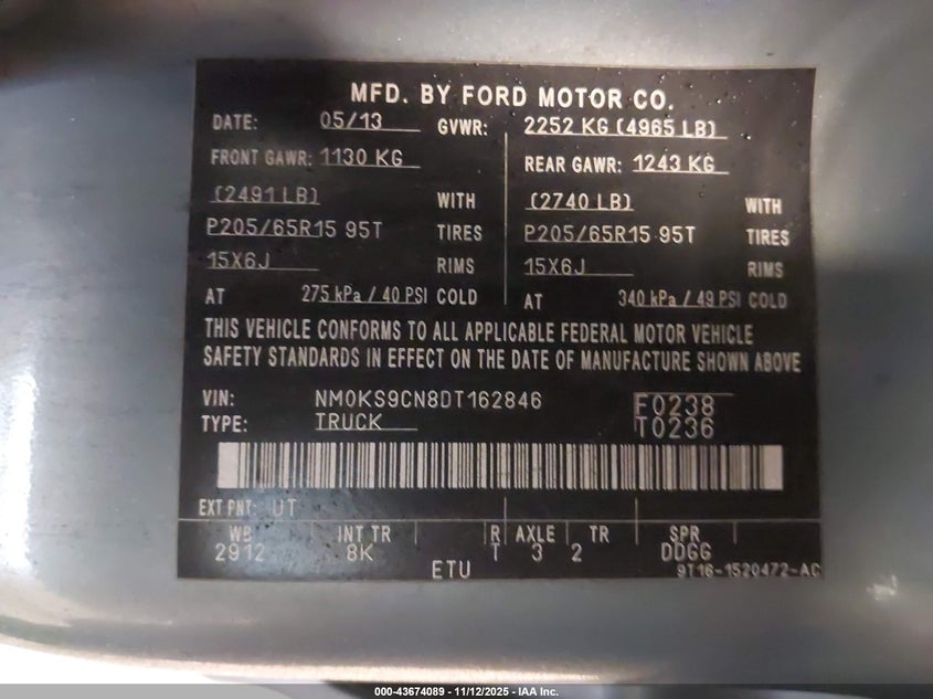 NM0KS9CN8DT162846 2013 FORD TRANSIT photo no. 9