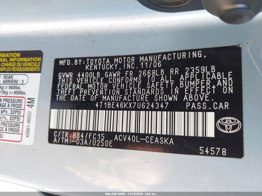 4T1BE46KX7U624347 2007 TOYOTA CAMRY photo no. 9