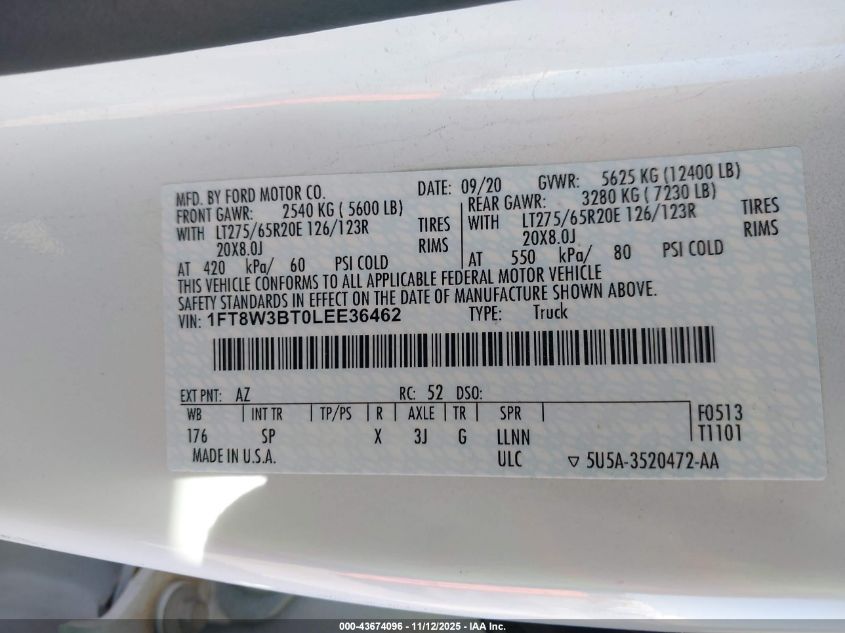 2020 Ford F-350 King Ranch VIN: 1FT8W3BT0LEE36462 Lot: 43674096